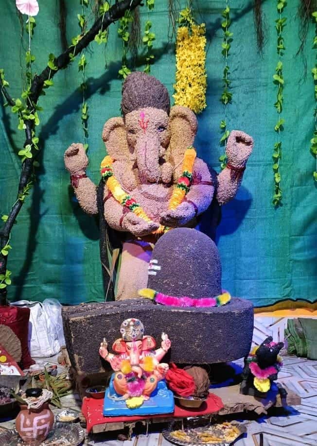 धरमपुरा की युवा समिति का अनोखा प्रयास: प्राकृतिक सामग्री से विराजमान हुए गणेश जी