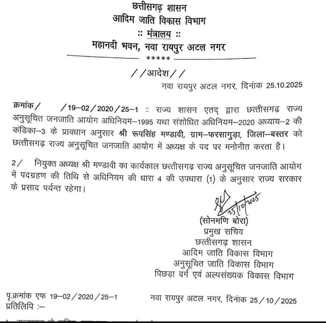 CG News : रूपसिंह मंडावी बने छत्तीसगढ़ अनुसूचित जनजाति आयोग के नए अध्यक्ष, बस्तर को मिला बड़ा प्रतिनिधित्व