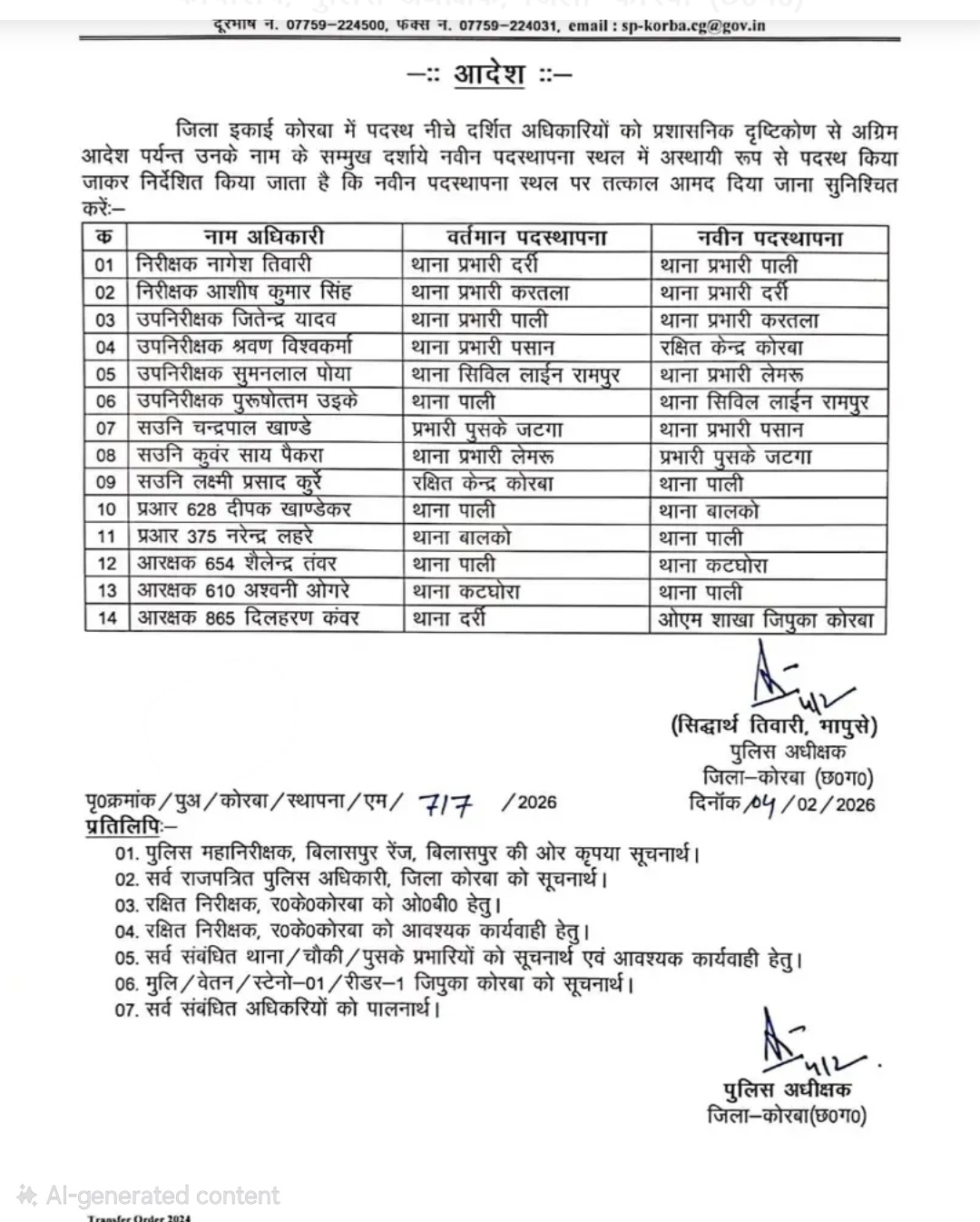 ब्रेकिंग न्यूज़ | कोरबा पुलिस में बड़ा फेरबदल
