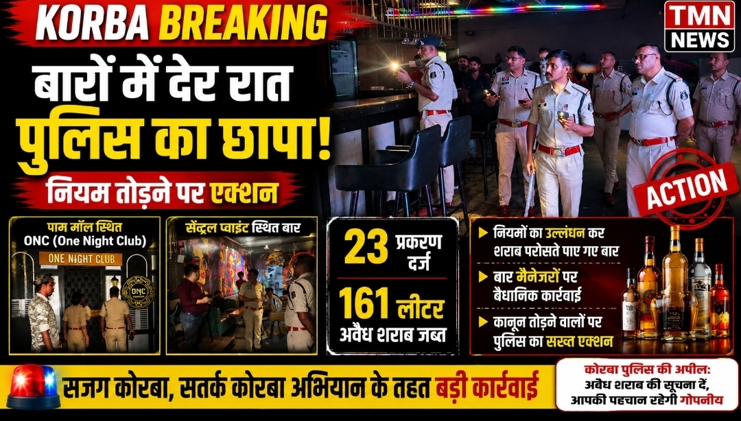कोरबा में देर रात बारों पर पुलिस की बड़ी कार्रवाई: ONC और सेंट्रल प्वाइंट बार में छापा, नियम तोड़ने पर मैनेजरों पर केस